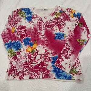 T & L Shirt Size Small Long Sleeve 95%viscose Shirt Design Floral Multicolor